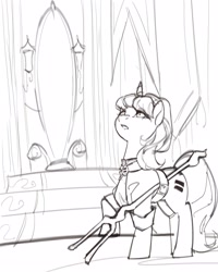 Size: 2400x3000 | Tagged: safe, artist:egil, imported from derpibooru, starlight glimmer, pony, unicorn, female, grayscale, looking up, mare, monochrome, s5 starlight, sketch, solo, staff, staff of sameness, throne room