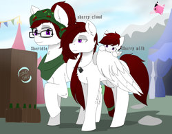 Size: 2960x2304 | Tagged: safe, artist:mairiathus, imported from derpibooru, oc, oc:sherry cloud, pegasus, pony, child, dog tags, family, female, light skin, mother and child, mother and daughter, purple eyes, red hair, siblings, sisters, trio, wings