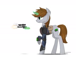 Size: 2160x1620 | Tagged: safe, artist:migesanwu, imported from derpibooru, oc, oc only, oc:littlepip, pony, unicorn, fallout equestria, armor, bag, blood, clothes, female, glowing, glowing horn, gun, handgun, horn, little macintosh, magic, pipbuck, raised hoof, revolver, saddle bag, side view, simple background, solo, telekinesis, weapon, white background