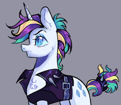 Size: 782x680 | Tagged: safe, artist:kreeeeeez, imported from derpibooru, rarity, pony, unicorn, alternate hairstyle, belt, chest fluff, clothes, female, gray background, jacket, lacrimal caruncle, leather, leather jacket, punk, raripunk, simple background, solo