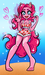 Size: 1952x3263 | Tagged: safe, artist:vikensy, imported from derpibooru, pinkie pie, anthro, earth pony, unguligrade anthro, beach, big breasts, breasts, busty pinkie pie, cleavage, clothes, female, heart, midriff, no nose, open mouth, open smile, peace sign, shorts, smiling, solo, wasp waist