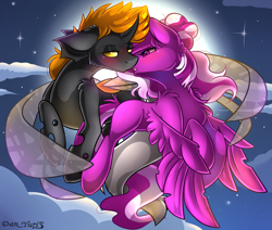 Size: 2451x2080 | Tagged: safe, alternate version, artist:yuris, imported from derpibooru, oc, oc:thunder, alicorn, changeling, pony, alicorn oc, alternate character, blushing, ears up, female, floppy ears, flying, full moon, horn, imminent kissing, male, moon, night, shipping, sky, straight, wings