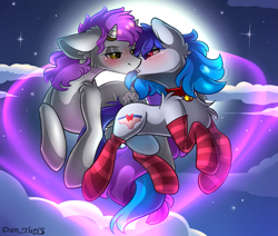 Size: 2451x2080 | Tagged: safe, alternate version, artist:yuris, imported from derpibooru, oc, oc:anykoe, oc:brain storming, earth pony, pony, alternate character, blushing, clothes, ears up, female, floppy ears, flying, full moon, imminent kissing, magic, magic aura, male, moon, night, shipping, sky, socks, straight