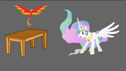 Size: 1080x607 | Tagged: safe, imported from twibooru, screencap, philomena, princess celestia, alicorn, phoenix, pony, series:mlp animation's short films, series:the princess and the candle, image, needs more jpeg, shocked, table