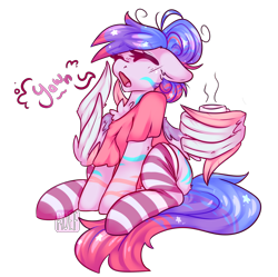 Size: 2740x2729 | Tagged: safe, artist:ruef, imported from twibooru, oc, oc only, unnamed oc, pegasus, pony, clothes, colored wings, eyes closed, female, image, mare, multicolored wings, open mouth, pegasus oc, png, simple background, sitting, socks, solo, striped socks, tail, transparent background, wing hold, wings, yawn