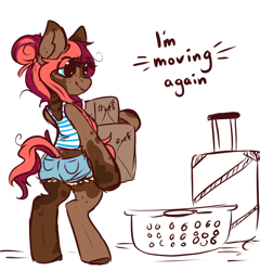 Size: 2882x3000 | Tagged: safe, artist:ruef, imported from twibooru, oc, oc only, oc:ruef, pony, bipedal, box, carrying, clothes, female, image, laundry basket, luggage, mare, messy bun, messy mane, png, shorts, smiling, solo, spots, tail, text