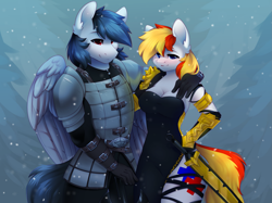 Size: 2217x1662 | Tagged: safe, artist:alphadesu, imported from derpibooru, oc, oc only, anthro, earth pony, pegasus, pony, armor, breasts, cleavage, clothes, dawnguard, dress, duo, female, male, skyrim, sleeveless, snow, snowfall, sword, the elder scrolls, weapon