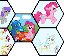 Size: 775x674 | Tagged: safe, artist:jakusi, carrot top, golden harvest, lemon hearts, pinkie pie, princess luna, roseluck, welly, alicorn, earth pony, pony, rabbit, unicorn, winter wrap up, /mlp/ con, animal, background pony, basket, cloud, cupcake, female, food, grass, happy, hexagon, mare, picnic, picnic basket, picnic blanket, sideways, sitting, snow, winter wrap up vest