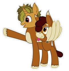 Size: 1296x1344 | Tagged: safe, artist:of-felt-and-cardboard, imported from derpibooru, oc, oc only, oc:flapjack, oc:pogo springs, hybrid, mule, pony, unicorn, :p, detachable head, freckles, head swap, headless, male, modular, pegamule, simple background, sticker, tongue out, transparent background, wing hands, wings