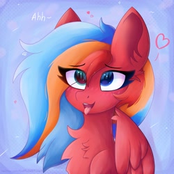 Size: 1773x1773 | Tagged: safe, artist:gaffy, imported from derpibooru, oc, oc only, oc:gaffy, pegasus, ahegao, chest fluff, ear fluff, eye clipping through hair, female, heterochromia, open mouth, pegasus oc, solo, tongue out, wings