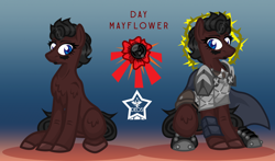 Size: 1700x1000 | Tagged: safe, artist:devorierdeos, imported from derpibooru, oc, oc only, oc:day mayflower, fallout equestria, armor, blue eyes, cutie mark, halo, raider, raincoat, reference sheet, simple background