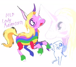 Size: 2267x2000 | Tagged: safe, artist:heartwoozy, imported from derpibooru, dog, pony, semi-anthro, unicorn, adventure time, crossover, duo, duo male and female, female, female focus, horn, jake the dog, lady rainicorn, male, mare, one eye closed, ponified, rule 85, solo focus, tail, wink