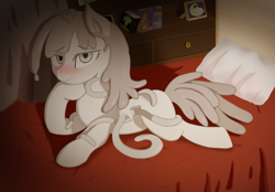 Size: 2239x1555 | Tagged: safe, artist:pursoul, imported from derpibooru, oc, oc only, oc:nontoxic mercury, oc:水银不毒, earth pony, pony, bed, bedroom, bedroom eyes, blushing, book, bookshelf, curtains, cute, female, looking at you, lying down, mare, pillow, prone, signature, solo, sploot, tentacles