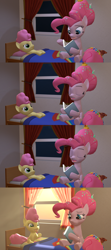 Size: 1920x4320 | Tagged: safe, artist:papadragon69, imported from derpibooru, li'l cheese, pinkie pie, the last problem, 3d, bags under eyes, book, clapping, comic, old master q, older, older pinkie pie, parody, reading, reference, source filmmaker, sunrise