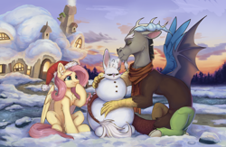 Size: 4600x3000 | Tagged: safe, artist:dorkmark, imported from derpibooru, angel bunny, discord, fluttershy, pegasus, pony, rabbit, animal, background, happy, house, snow, snowman, wings, winter