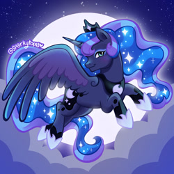 Size: 1280x1280 | Tagged: safe, artist:sparkytopia, imported from derpibooru, princess luna, alicorn, pony, cloud, crown, female, flying, jewelry, looking at you, mare, moon, regalia, signature, smiling, solo, spread wings, stars, wings