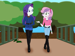 Size: 2560x1920 | Tagged: safe, artist:gibsterboy5, imported from derpibooru, rarity, sweetie belle, human, equestria girls, belt, boots, bracelet, bridge, clothes, complex background, denim, duo, female, hairband, headband, high heel boots, high heels, hoodie, jacket, jeans, jewelry, leather, leather boots, looking at each other, looking at someone, midriff, older, older sweetie belle, pants, shoes, siblings, signature, sisters, talking, thigh boots, tree, walking