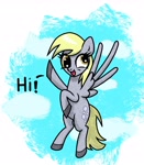Size: 2552x2922 | Tagged: safe, artist:scandianon, imported from derpibooru, derpy hooves, pegasus, pony, female, flying, looking at you, mare, open mouth, open smile, simple background, sky, smiling, smiling at you, talking to viewer, waving, white background
