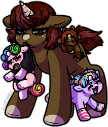 Size: 1430x1676 | Tagged: safe, artist:sexygoatgod, imported from derpibooru, oc, oc only, oc:cinnamon sugar, oc:little bud, oc:love letters, oc:rainy shine, pony, unicorn, aunt and niece, clothes, female, mother and child, mother and daughter, shirt, simple background, socks, t-shirt, transparent background