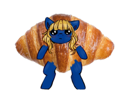 Size: 800x600 | Tagged: source needed, safe, artist:ghostyglue, imported from derpibooru, oc, oc only, oc:snus, earth pony, blue fur, blushing, bread, clone, croissant, food, silly, simple background, solo, transparent background, yellow mane