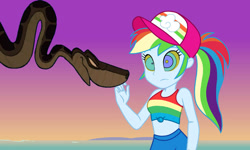 Size: 770x462 | Tagged: safe, artist:ocean lover, edit, imported from derpibooru, vector edit, rainbow dash, python, snake, equestria girls, equestria girls series, spring breakdown, spoiler:eqg series (season 2), antagonist, beach, cap, clothes, crossover, disney, evil grin, front knot midriff, gradient background, grin, hat, hypno dash, hypno eyes, hypnosis, hypnotized, kaa, kaa eyes, link, link in description, looking at each other, looking at someone, midriff, multicolored hair, ocean, outdoors, ponytail, purple sky, rainbow hair, smiling, story in the source, sunset, tanktop, the legend of zelda, this will not end well, thumbnail, vector, water, youtube link, youtube thumbnail