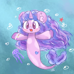 Size: 2160x2160 | Tagged: safe, artist:limitmj, idw, imported from derpibooru, izzy moonbow, jellyfish, seapony (g4), starfish, unicorn, 2024, blushing, bubble, crepuscular rays, cute, dorsal fin, ear fluff, female, fin, fish tail, flowing mane, flowing tail, g5, horn, izzybetes, looking at you, mare, ocean, open mouth, open smile, scales, seaponified, seapony izzy moonbow, set your sail, signature, smiling, species swap, spread arms, sunlight, swimming, tail, underwater, unshorn fetlocks, water