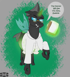 Size: 2245x2480 | Tagged: safe, artist:xenopony456, imported from derpibooru, oc, oc:pendra, changeling, pony, clothes, doctor, egg, lab coat, magic, nurse, oviposition, pregnant, raised hoof, smiirk#, solo, telekinesis