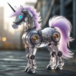 Size: 1536x1536 | Tagged: safe, editor:felisamafeles, imported from derpibooru, pony, robot, unicorn, ai content, ai generated, cg, crystal, depth of field, generator:stable cascade, realistic, realistic horse leg