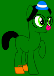 Size: 644x907 | Tagged: safe, artist:flaremane, artist:spitfirethepegasusfan39, earth pony, pony, adult blank flank, base used, blank flank, bowler hat, clothes, female, g4, glasses, green background, hat, little miss, little miss neat, mare, mr. men, mr. men little miss, open mouth, open smile, pink nose, ponified, raised hoof, raised leg, shoes, simple background, smiling, sneakers, solo