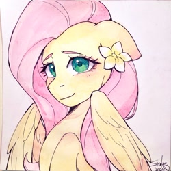 Size: 2421x2421 | Tagged: safe, artist:xiaowu07, imported from derpibooru, fluttershy, pegasus, pony, blushing, bust, cute, female, floppy ears, flower, flower on ear, high res, looking at you, mare, partially open wings, shy, shyabetes, simple background, smiling, smiling at you, solo, three quarter view, traditional art, white background, wings