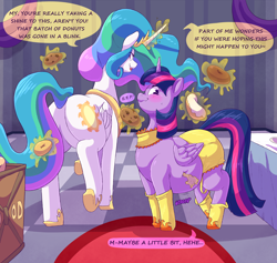 Size: 3000x2840 | Tagged: safe, artist:graphenescloset, artist:sirmasterdufel, imported from derpibooru, princess celestia, twilight sparkle, alicorn, series:twilight h&h blorp program, blushing, collaboration, dialogue, donut, duo, fat, food, incentive drive, twilard sparkle, twilight sparkle (alicorn), weight gain, weight gain sequence