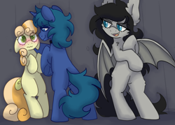 Size: 2800x2000 | Tagged: safe, artist:puppie, imported from derpibooru, junebug, oc, oc:arclight, oc:boggy, bat pony, earth pony, unicorn, blushing, bully, bullying, wingding eyes