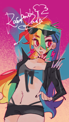 Size: 2476x4402 | Tagged: safe, artist:ayellowbrick, imported from derpibooru, rainbow dash, human, belly button, bra, clothes, collar, female, glasses, humanized, solo, spiked collar, underwear