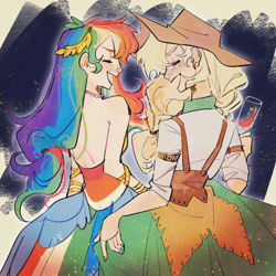 Size: 2812x2812 | Tagged: safe, artist:ayellowbrick, imported from derpibooru, applejack, rainbow dash, human, alcohol, appledash, clothes, dress, duo, duo female, eyes closed, female, hat, humanized, lesbian, open mouth, open smile, shipping, smiling, wine