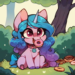 Size: 1024x1024 | Tagged: safe, imported from derpibooru, izzy moonbow, cat, cat pony, original species, pony, unicorn, ai content, ai generated, bow, bush, chibi, collar, cute, cuteness overload, daaaaaaaaaaaw, donut, female, fluffy, food, forest, g5, generator:pony diffusion v6 xl, generator:stable diffusion, hooves, izzybetes, mouth hold, nature, paw pads, paws, prompter:faerindahol, sitting, solo, tail, tail bow, tree