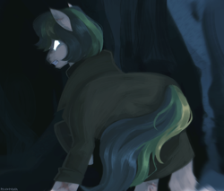 Size: 1622x1384 | Tagged: safe, artist:pigeorgien, imported from derpibooru, oc, oc:springmarine gulfstream, earth pony, pony, angry, cave, clothes, coat, female, glowing, glowing eyes, lineless, mare, solo