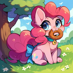 Size: 1024x1024 | Tagged: safe, imported from derpibooru, izzy moonbow, pinkie pie, cat, cat pony, earth pony, original species, pony, ai content, ai generated, bow, chibi, collar, cute, cuteness overload, daaaaaaaaaaaw, donut, female, fluffy, food, forest, g5, generator:pony diffusion v6 xl, generator:stable diffusion, izzybetes, mouth hold, nature, paw pads, paws, ponk, prompter:faerindahol, sitting, solo, tail, tail bow, tree