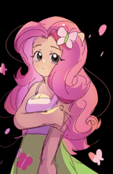 Size: 1200x1845 | Tagged: safe, artist:ya15217084, imported from derpibooru, fluttershy, human, equestria girls, black background, clothes, female, shirt, simple background, skirt, solo