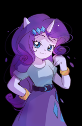 Size: 1200x1845 | Tagged: safe, artist:ya15217084, imported from derpibooru, rarity, human, equestria girls, belt, black background, clothes, female, horn, shirt, simple background, skirt, smiling, solo