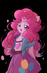 Size: 1200x1845 | Tagged: safe, artist:ya15217084, imported from derpibooru, pinkie pie, human, equestria girls, black background, clothes, female, jacket, open mouth, open smile, shirt, simple background, skirt, smiling, solo, vest