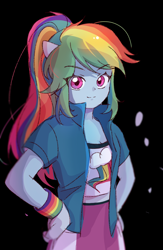 Size: 1200x1845 | Tagged: safe, artist:ya15217084, imported from derpibooru, rainbow dash, human, equestria girls, black background, clothes, female, hand on hip, jacket, shirt, simple background, skirt, smiling, solo, vest