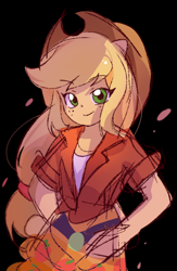 Size: 1200x1845 | Tagged: safe, artist:ya15217084, imported from derpibooru, applejack, human, equestria girls, belt, black background, clothes, cowboy hat, female, hand on hip, hat, jacket, shirt, simple background, skirt, solo, vest