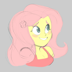 Size: 1650x1650 | Tagged: safe, artist:foxgoo, imported from twibooru, fluttershy, equestria girls, blushing, bust, clothes, eyebrows, image, png, simple background, smiling, tanktop