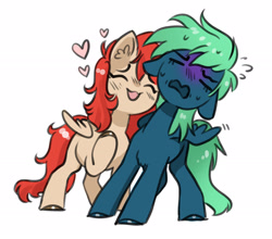 Size: 2564x2260 | Tagged: safe, artist:opalacorn, imported from derpibooru, oc, oc only, oc:emerald, oc:firefly, pegasus, pony, commission, emanata, eyes closed, female, floating heart, floppy ears, heart, lesbian, mare, nuzzling, oc x oc, open mouth, open smile, plewds, shipping, simple background, smiling, white background, ych result