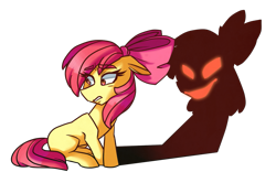 Size: 1039x650 | Tagged: safe, artist:ajue, imported from ponybooru, apple bloom, earth pony, pony, bloom and gloom, female, filly, foal, shadow, shadow bloom, simple background, sitting, solo, transparent background