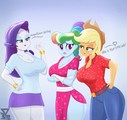 Size: 3300x3121 | Tagged: safe, artist:theretroart88, imported from derpibooru, applejack, rainbow dash, rarity, human, equestria girls, alternate hairstyle, blushing, breasts, busty applejack, busty rainbow dash, busty rarity, cleavage, clothes, crossed arms, dress, female, high res, megaradash, paint tool sai, rainbow dash always dresses in style, rainbow dash day, trio, trio female