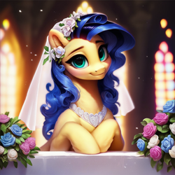 Size: 1024x1024 | Tagged: safe, imported from derpibooru, oc, oc:milky way, earth pony, pony, ai content, ai generated, blue mane, blushing, flower, flower in hair, generator:pony diffusion v6 xl, generator:stable diffusion, looking at you, prompt in description, prompter:maresforever, smiling, solo, wedding veil