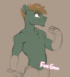 Size: 3664x4032 | Tagged: safe, artist:foxgoo, imported from twibooru, oc, oc only, unnamed oc, anthro, chest fluff, clothes, eyebrows, image, looking up, male, partial nudity, png, short mane, simple background, smiling, solo, topless