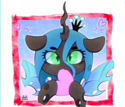 Size: 3500x3000 | Tagged: safe, artist:zokkili, imported from derpibooru, queen chrysalis, changeling, changeling queen, chibi, crown, female, heart, hoof hold, jewelry, looking at you, nom, regalia, solo