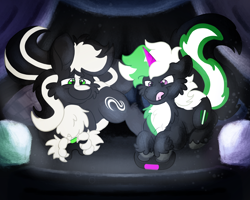 Size: 2500x2000 | Tagged: safe, artist:euspuche, imported from derpibooru, oc, oc only, oc:jareth guardstripe, oc:zenawa skunkpony, earth pony, hybrid, skunk, skunk pony, unicorn, chest fluff, claws, controller, duo, duo male, earth pony oc, gaming, happy, hoof hold, horn, hybrid oc, lying down, male, oc x oc, paws, pillow, pillow fort, prone, raised tail, shipping, smiling, sploot, stallion, tail, television, together, tongue out, unicorn oc, video game